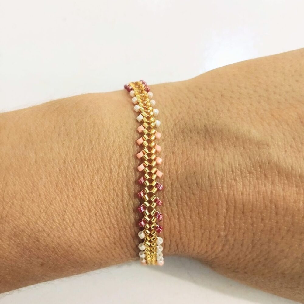 Pulsera ajustable espiga delica Miyuki (morado/salmón)