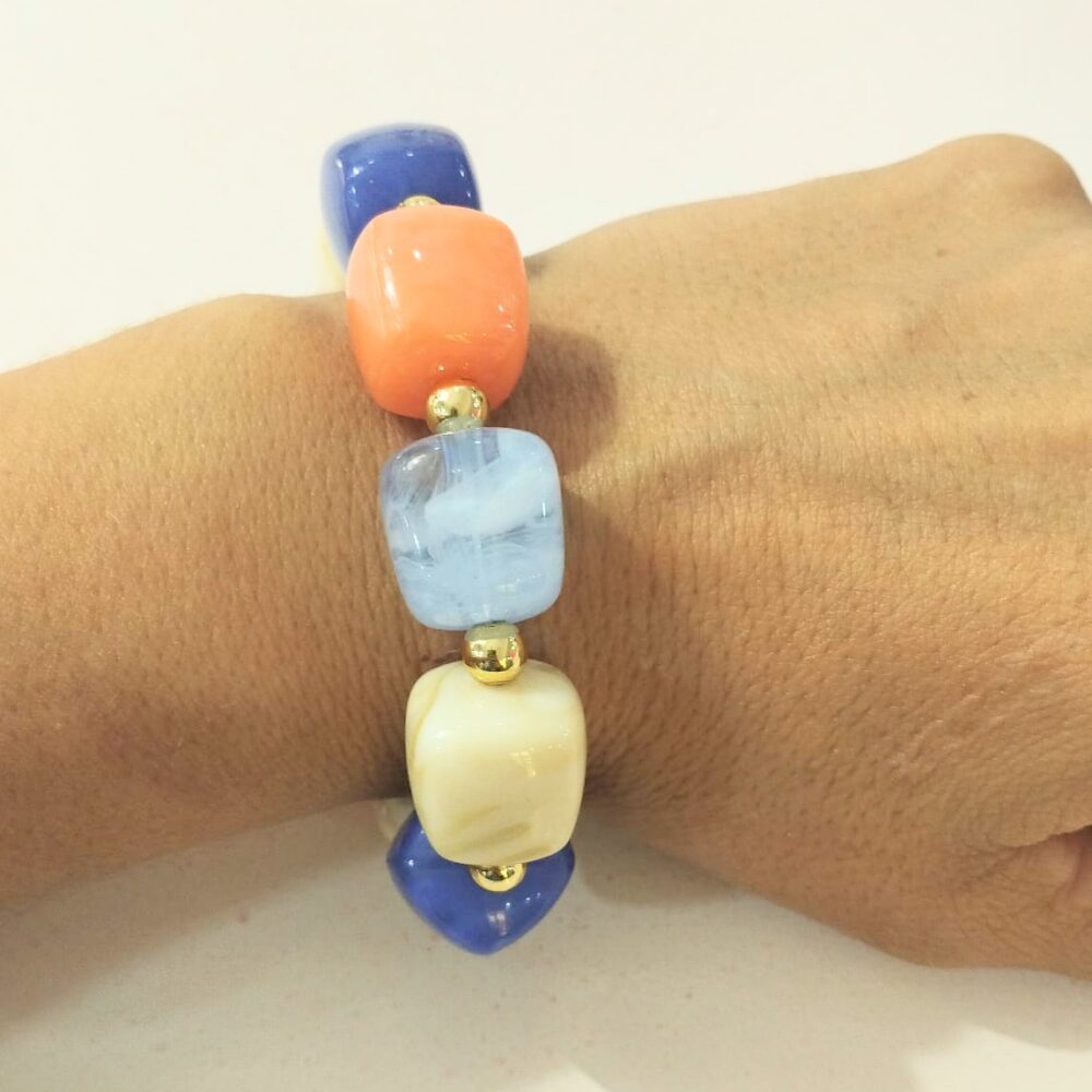 Pulsera bolitas colores (azul, naranja y beige)