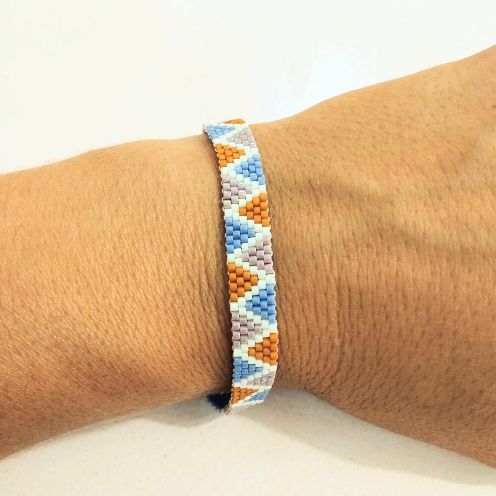Pulsera ajustable triángulos delica Miyuki (azul/naranja)