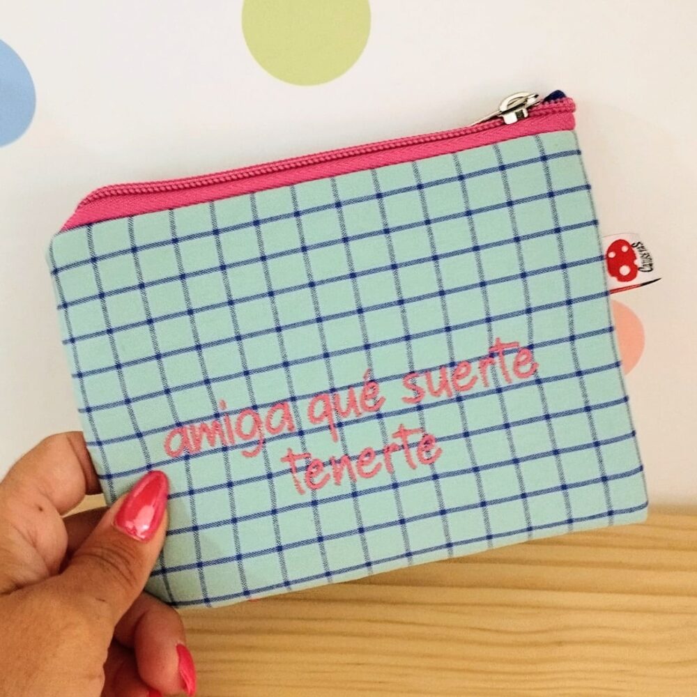 Monedero "Amiga qué suerte tenerte" (azul/fucsia)