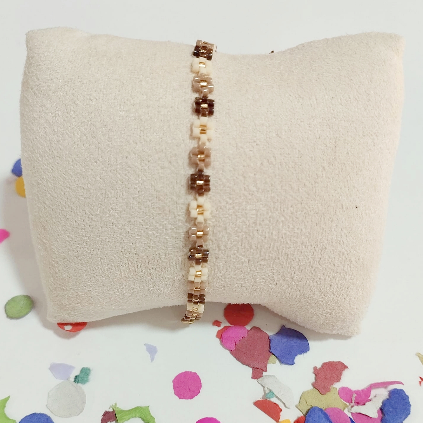 Pulsera fina margaritas delica Miyuki (marrón/beige) - Imagen 2