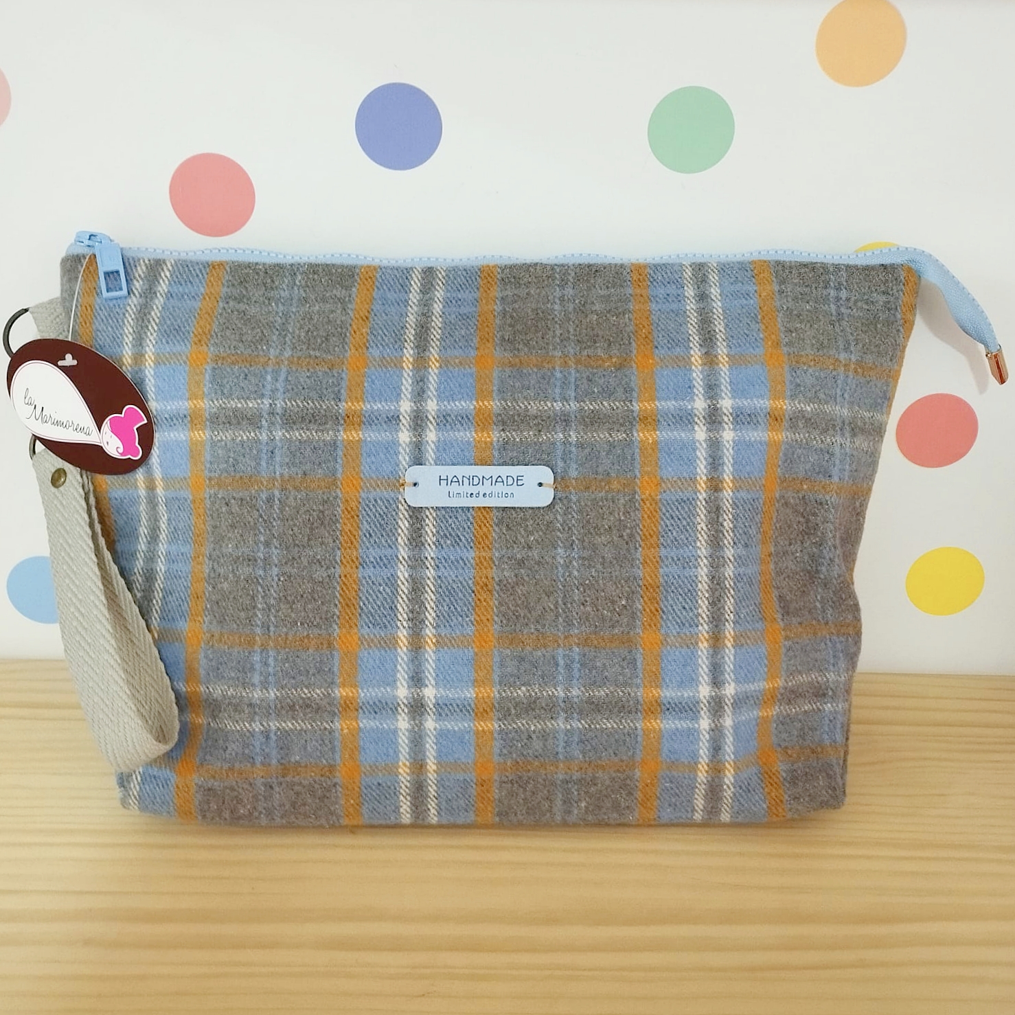 Bolso clutch cuadro escocés (gris/celeste/mostaza)