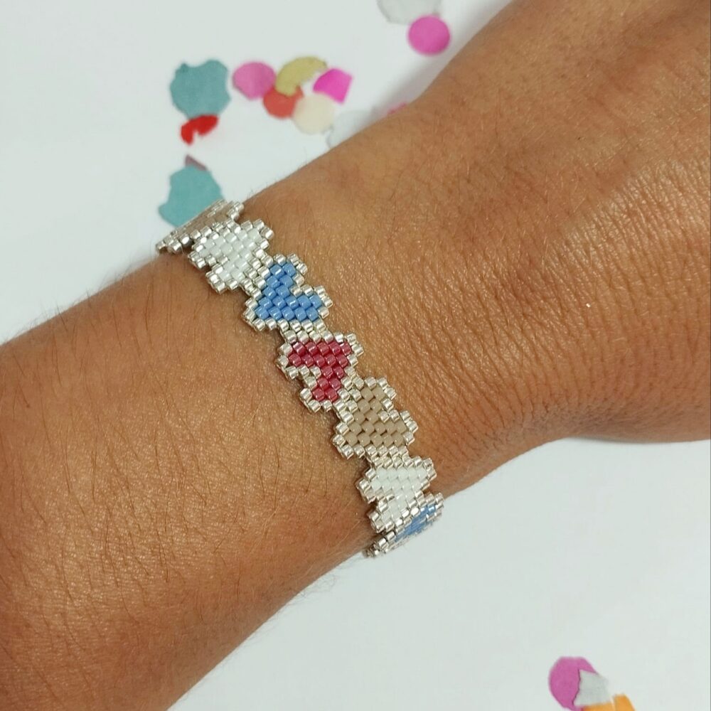 Pulsera corazones delica Miyuki (azul)/rojo