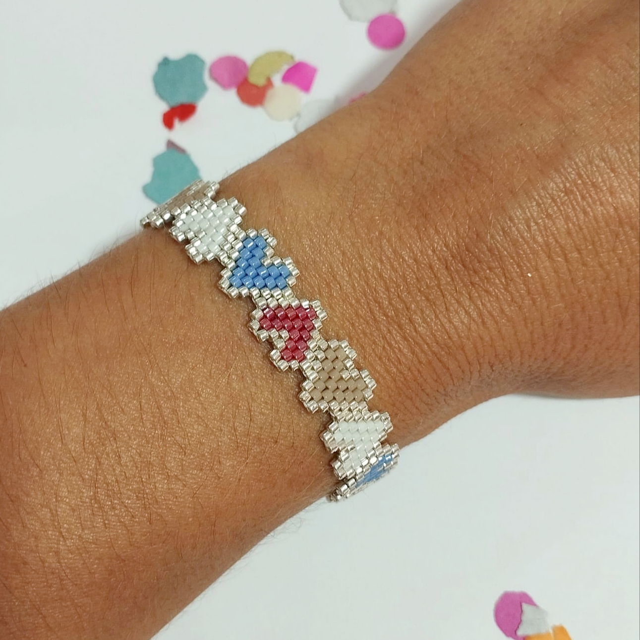 Pulsera corazones delica Miyuki (azul)/rojo