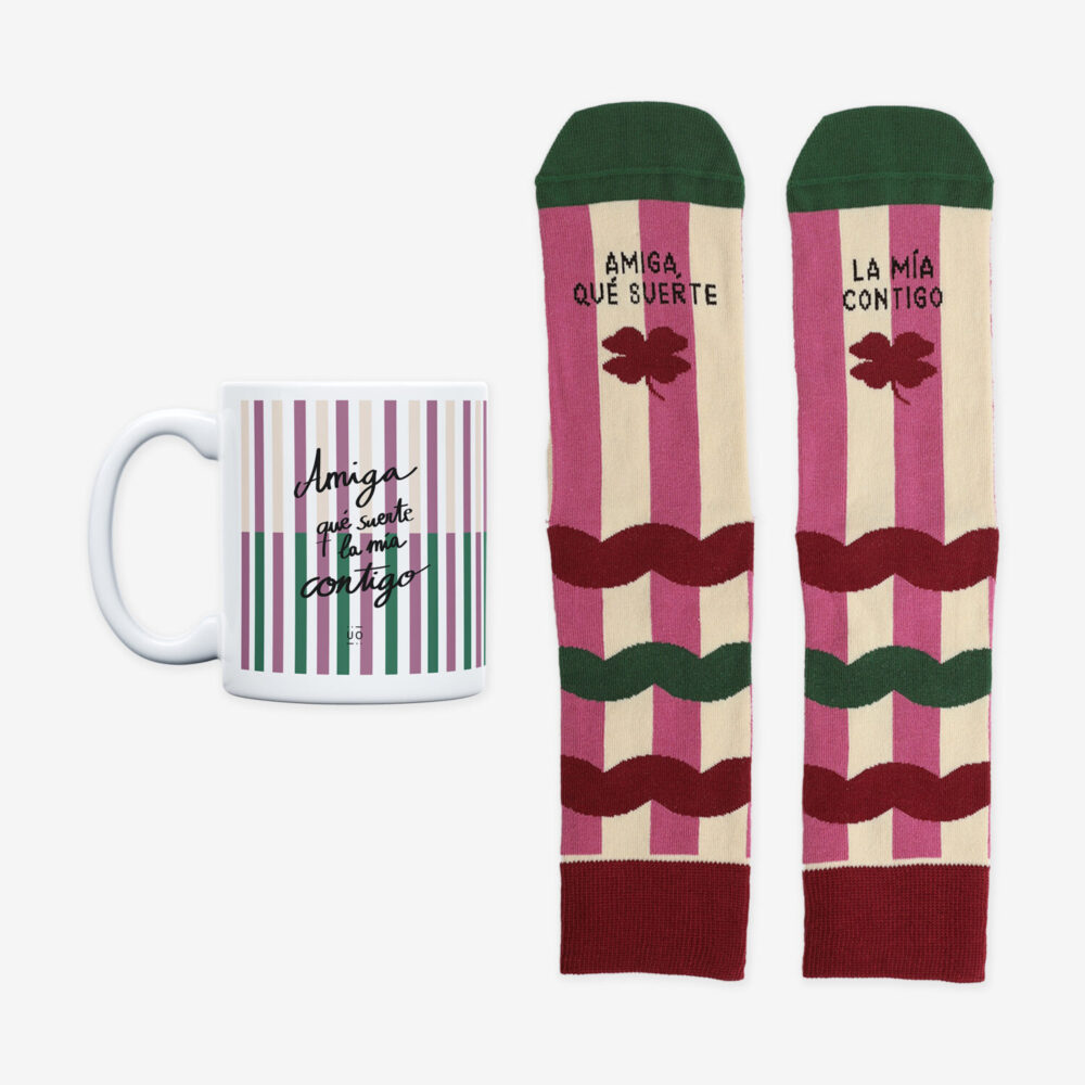 Kit taza+calcetines "Amiga, qué suerte la mía contigo"